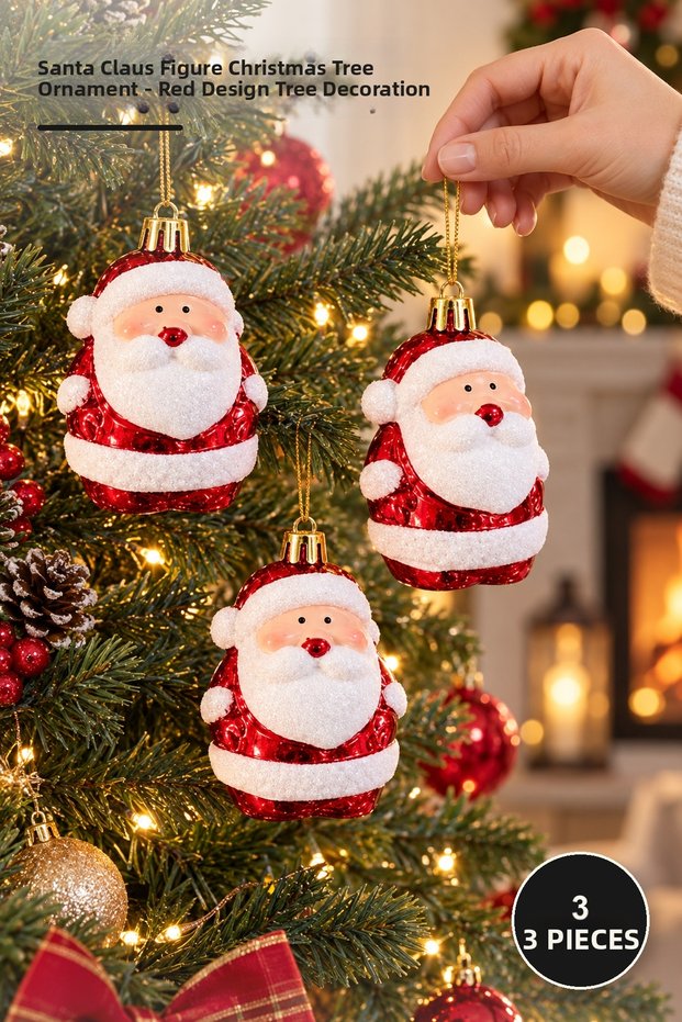 Set of 3 Christmas Tree Ornaments Featuring Santa Claus – Red-Design Tree Ornaments, Santa Hanging Ornaments, Decorations