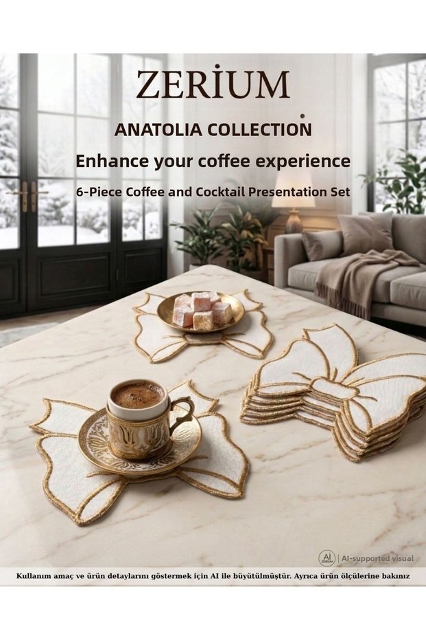Premium Set of 6 Cocktail and Coffee Coasters with Bow Detail and Gold Embroidery