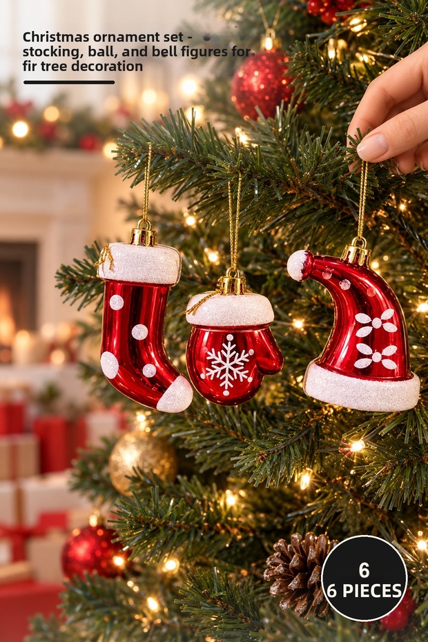 Set of 6 New Year's Tree Ornaments – Set of Socks, Balls, and Bells for the Christmas Tree, Christmas Ornaments, Tree Hangings