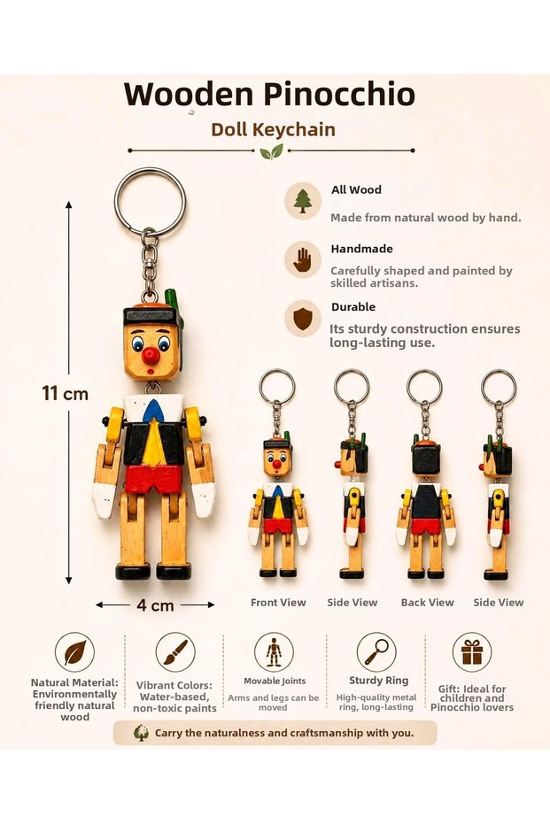 Natural Wood Pinocchio Figurine Keychain, Hanging Colorful Puppet, Nostalgic Fairy Tale Hero Bag Charm, Decorative Gift Accessory