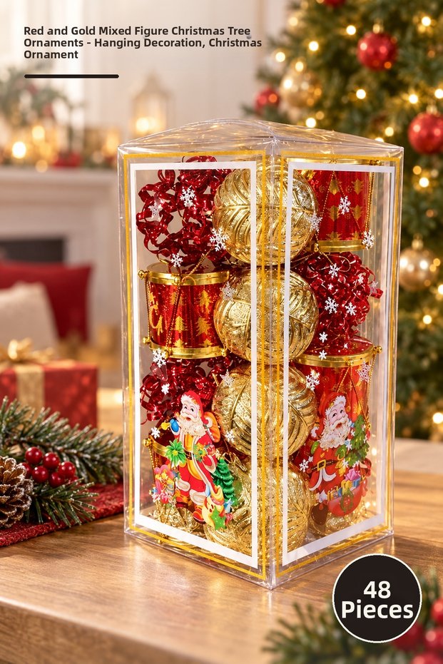 48-Piece Set of Red and Gold Assorted-Shaped New Year's Christmas Tree Ornaments – Hanging Decorations, Christmas Ornaments, Tree Hanging Decorations