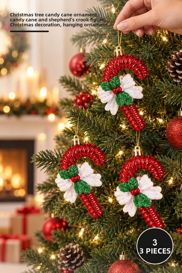 Set of 3 New Year's Christmas Tree Hanging Ornaments – Featuring Candy Cane and Poppy Figures, Christmas Ornament, Hanging Decoration