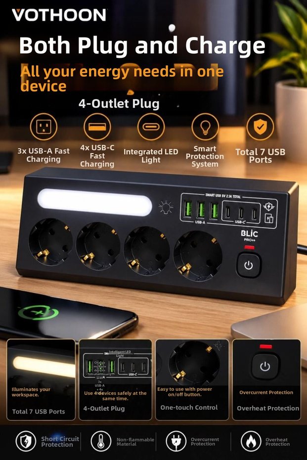 مصباح ليلي متعدد، مقبس مثلث مع حماية من التيار، مقبس 4-منافذ مع 3xusb 3xtype-c مخرج مجموعة مقبس أسود