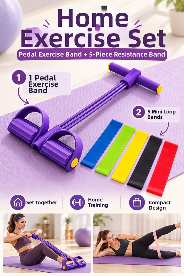 Pedal-Powered Exercise Band and 5-Piece Resistance Band Set, Home Fitness and Pilates Workout Set