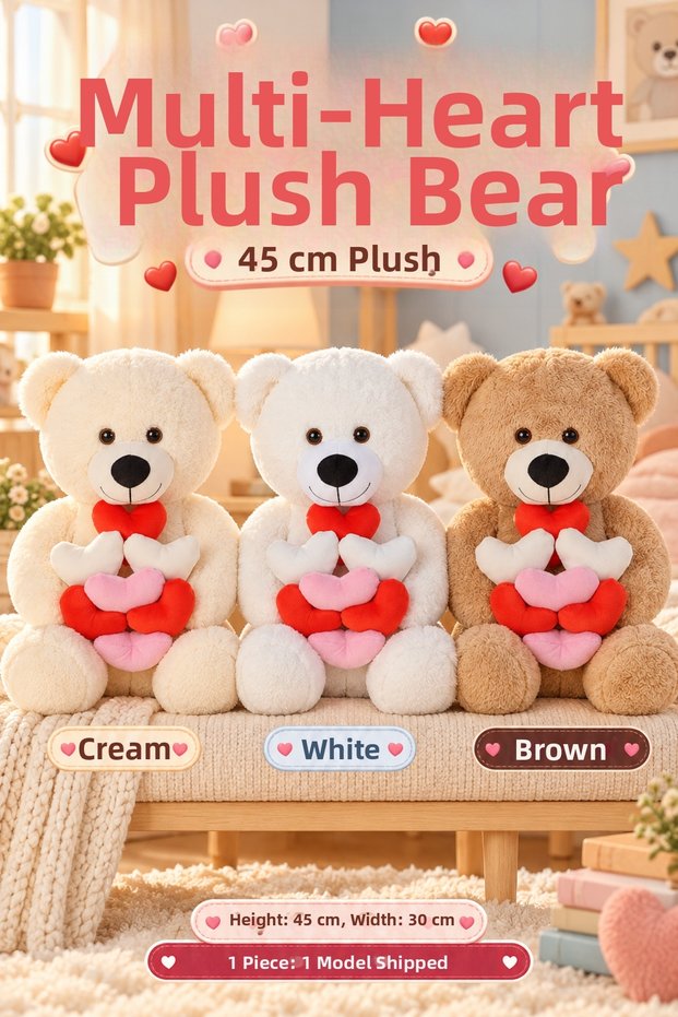 45 cm Plush Teddy Bear with Lots of Hearts – 1 Piece