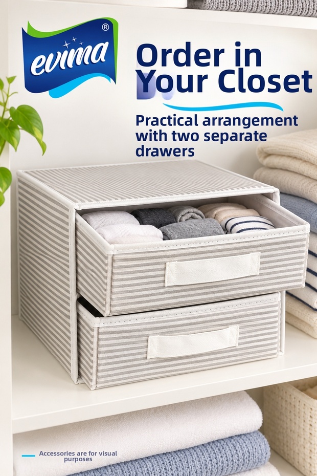 Foldable Fabric Organizer with 2 Drawers – Gray Stripes, 31 × 30 × 22 cm