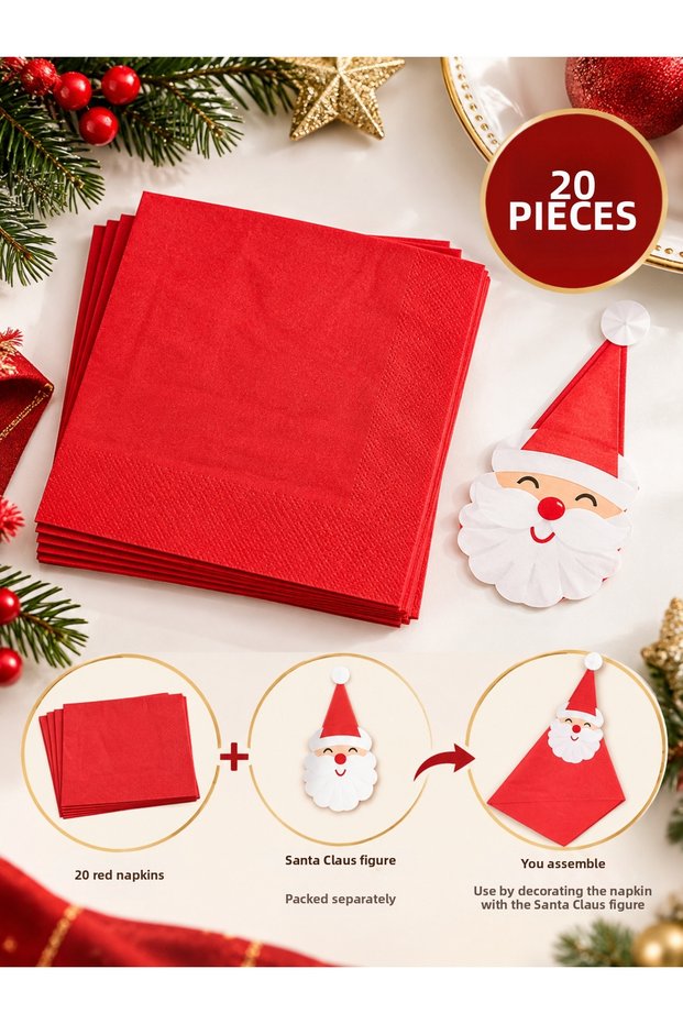 New Year's Santa Claus-Themed Napkin Set, Pack of 20, Double-Layered, Red Folded Table Decorations