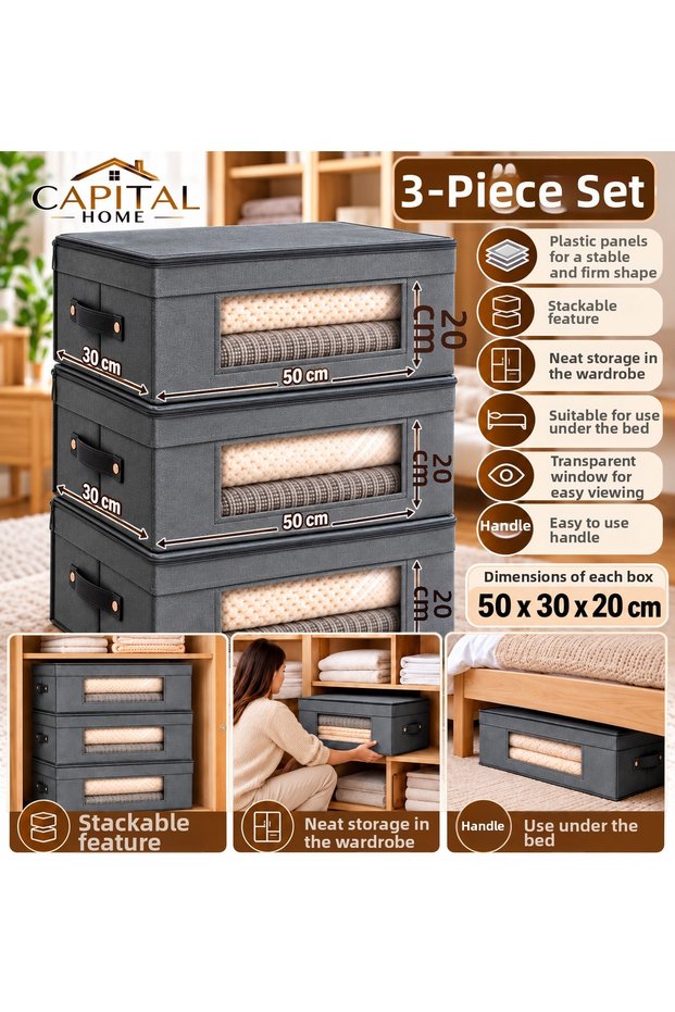 3-Piece Set: Multi-Purpose Organizer Bag + Storage Box with Clear Window and Lid, 50 x 30 x 20 cm