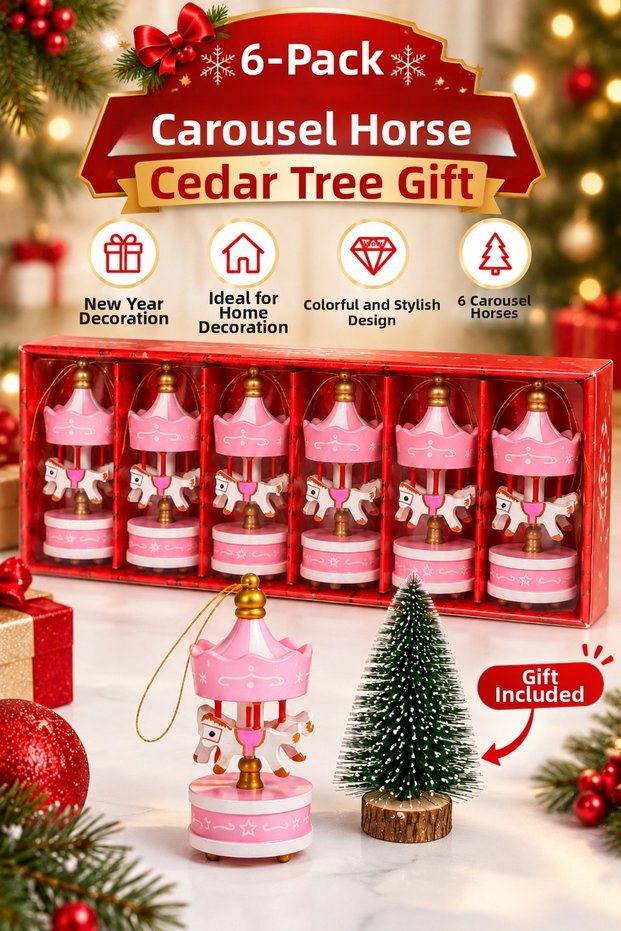 Set of 6 Pink Carousel Christmas Tree Ornaments with a Free Christmas Tree—A Christmas Gift