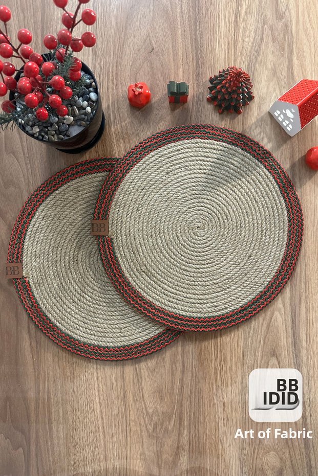 Set of 2 Handmade New Year's Design Jute Placemats, Bohemian Woven American Placemat Set, Decorative Table Setting, 33 cm