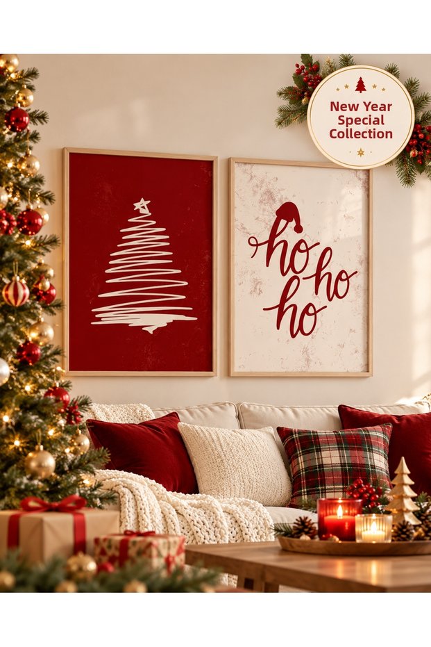 New Year's Framed Art Set (Set of 2) with "Ho Ho Ho" Text and Fir Tree Pattern—Retro Design, Natural Wood Wall Decor
