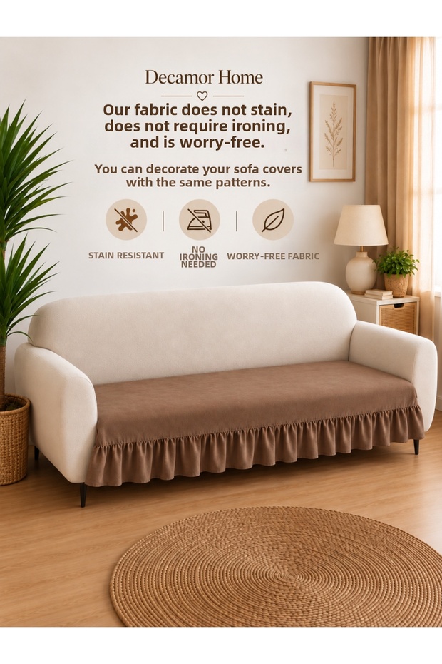 Brown Sofa Cover with Ruffles and a Carefree Print