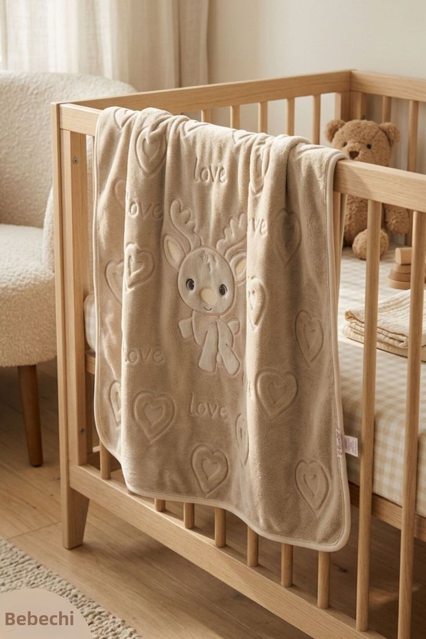Jacquard Cute Gazelle Plush Baby Blanket, 80x100 cm, Swaddle and Stroller Blanket with Embossed Design