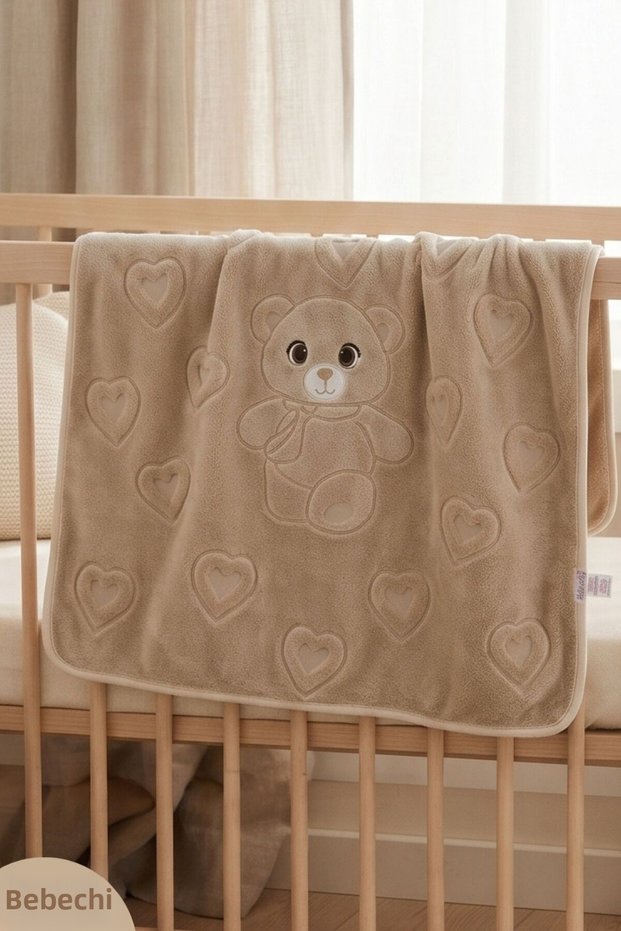 Cute Jacquard Bear Plush Baby Blanket, 80x100 cm, Swaddle and Stroller Blanket with Embossed Design