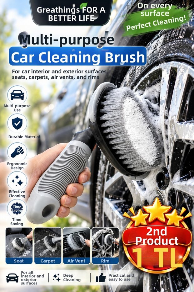 Ergonomic Multi-Purpose Car Cleaning Brush for Wheel Tire Seat Carpet and Glove Box