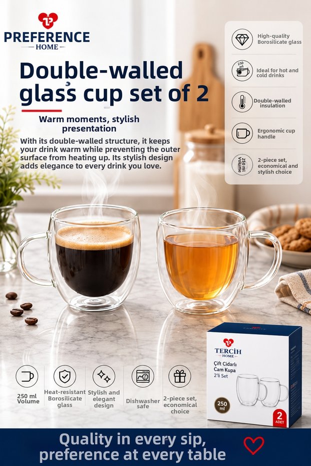 Set of 2 Double-Walled Glass Mugs for Filter Coffee