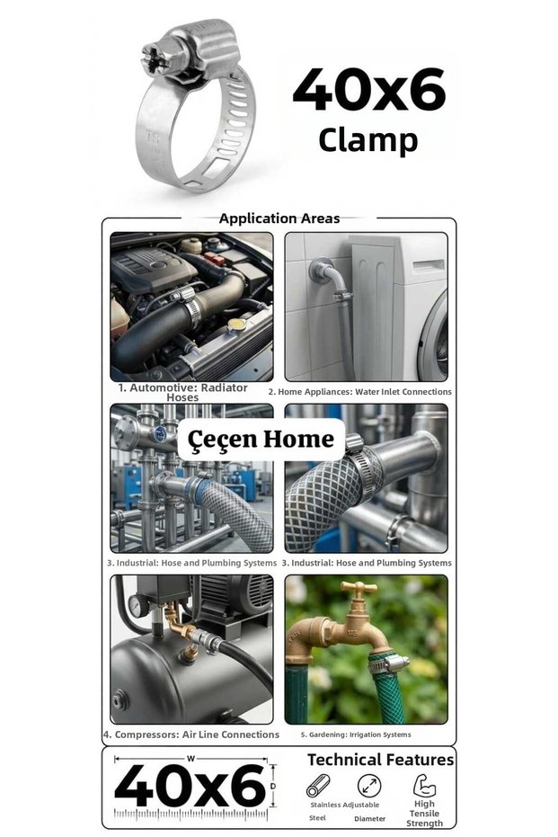 40x6 mm Hose Clamp - Stainless Steel Adjustable Clamp for Automotive, Industrial, Compressor, and Garden Hose Connections