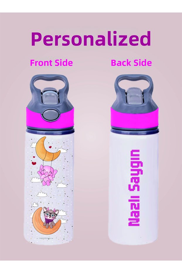 Pink Water Bottle with Metal Straw - 600 ml. - 004