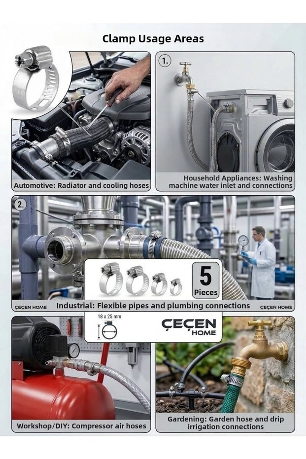 18x25 mm Adjustable Hose Clamp, Set of 5 - Stainless Steel Hose Clamp for Automotive Plumbing and Garden Connections