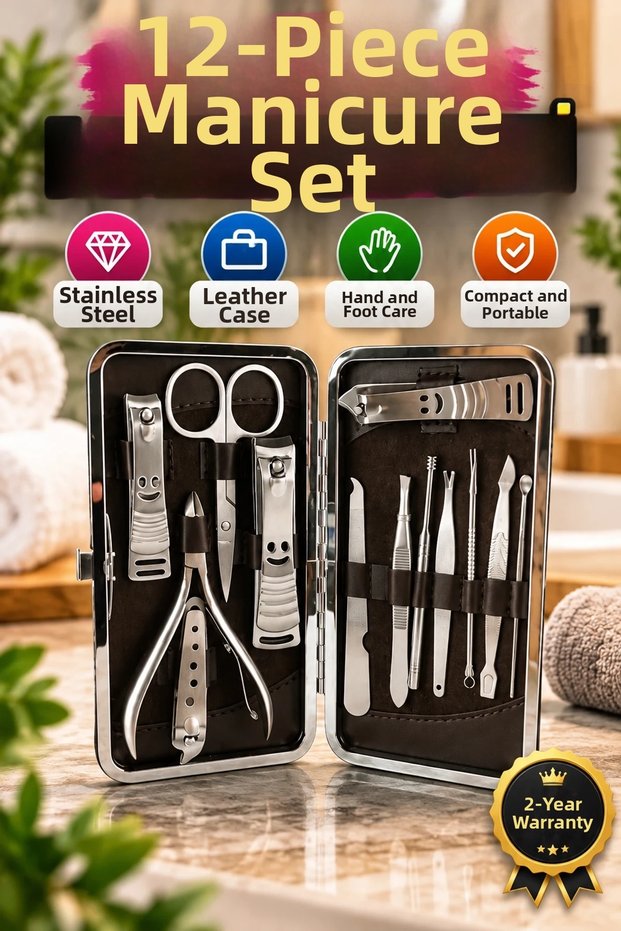 12-Piece Professional Hand and Foot Care Set – Stainless Steel Manicure and Pedicure Set, with Leather Case