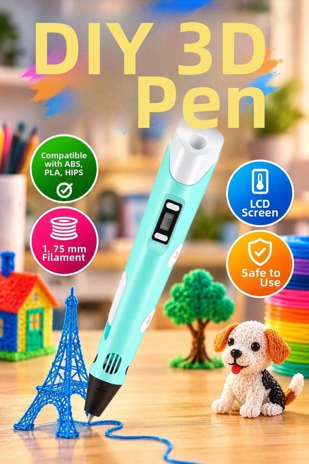 ABS, PLA, and HIPS-Compatible 1.75 mm Filament-Powered 3D Printer Pen