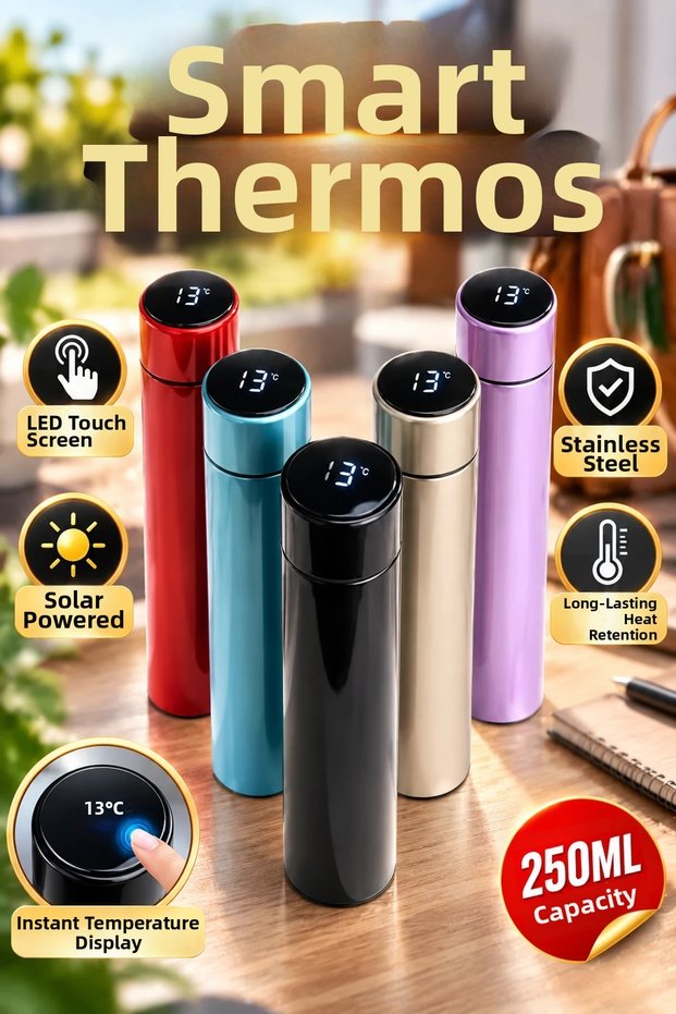 250 ml Stainless Steel Smart Thermos with LED Display – Solar-Powered Insulated Travel Thermos