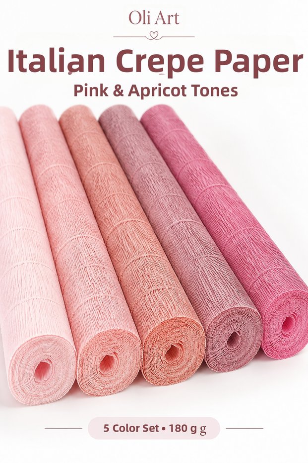 Italian Crepe Paper in Pink and Peach Shades, 5-Color Set, 180 g, 50 x 250 cm – Flower Making and Crafts