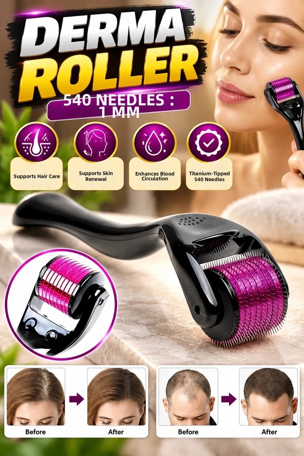Derma Roller with Titanium Tips, 540 Needles, 1 mm, Hair and Skin Care Massage Tool