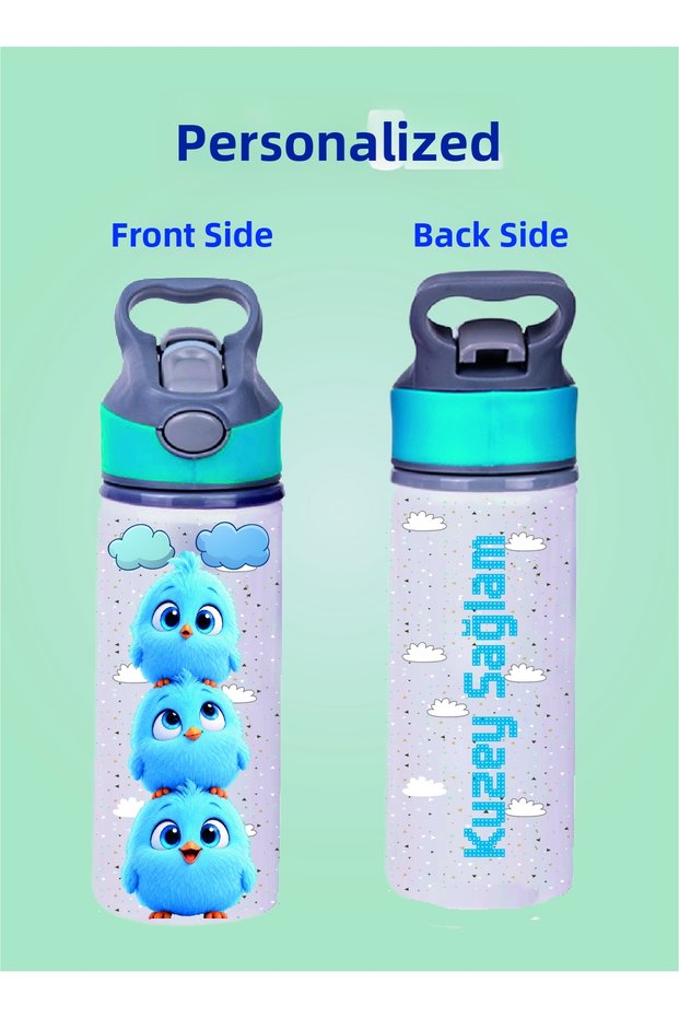 Blue Water Bottle with Metal Straw - 600 ml. - 012