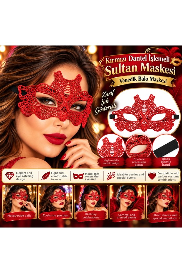 Red Lace Embroidered Sultan Mask – Venetian Ball Mask BX