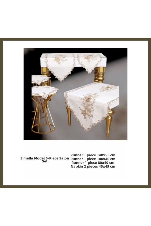 Simella Model Cream-Cappuccino Bridal Embroidered Tablecloth and Table Runner Set for the Living Room, Set BX