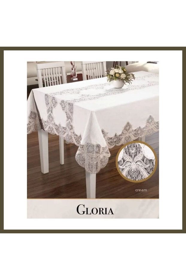 Linen Single Tablecloth, 160x300 cm, Lace-Edged Dining Tablecloth, Gloria Model BX