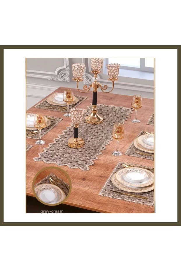 Wicker Placemat Set, Gray-Beige, 6-Person, 7-Piece Modern Dining Table Set with Table Runner, BX