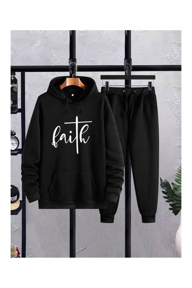 Unisex Black Printed Combed Cotton Tracksuit Set