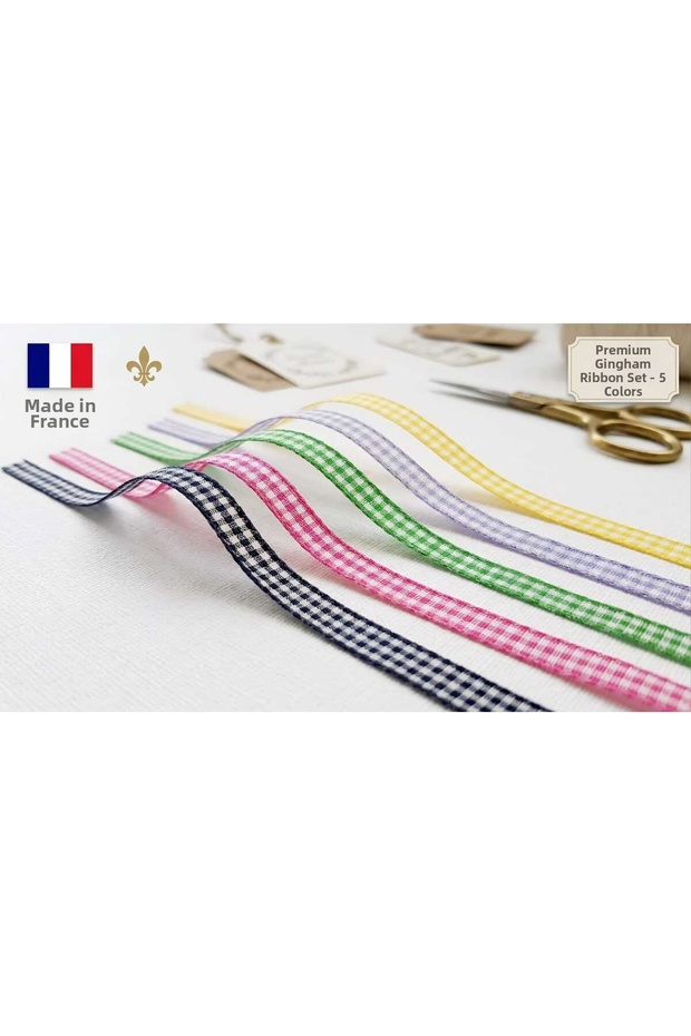 French Plaid Ribbon Set - 5 mm - 5 Colors - 5 Meters Each Color (Navy Blue/Yellow/Green/Pink/Lilac)