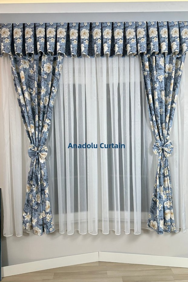 Kitchen Curtain, Closely Pleated, 1/3 Orchid Blue Background, Fringed Curtain Rail, Short Drapery Curtain, Modern