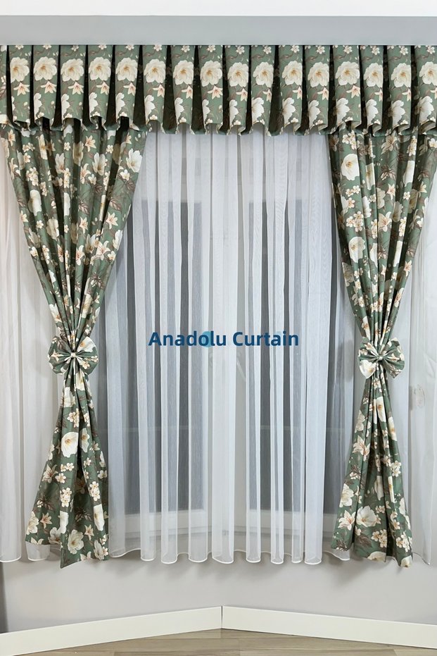 Kitchen Curtain, Closely Pleated, 1/3 Orchid Green Background, Fringed Curtain Rail, Short Drapery Curtain, Modern