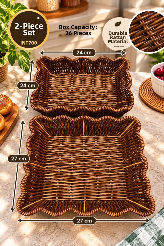 Set of 2 Rattan Baskets: Yellow Checked-Weave Bread Basket and Breakfast Serving Basket—Decorative Wicker-Look Kitchen Basket