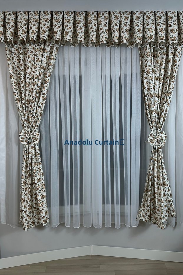 Kitchen Curtain, Closely Pleated, 1/3 Brown, Crisp Floral Print, With Tassels, Short Curtain Rail, Modern Drapery Curtain