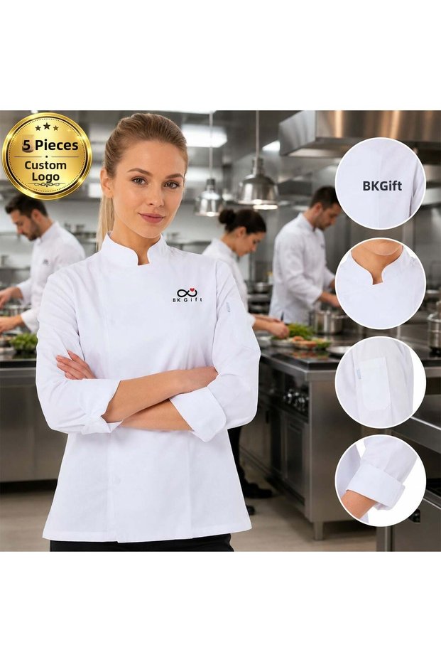 5 White Chef Jackets for Women, Customized with Your Logo - Professional Chef Jacket Made of Gabardine Fabric, Size S.
