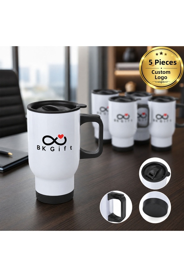 5-Piece Set of White Corporate Thermos Mugs with Steel Handles, 430 Ml, Customizable with Your Logo.