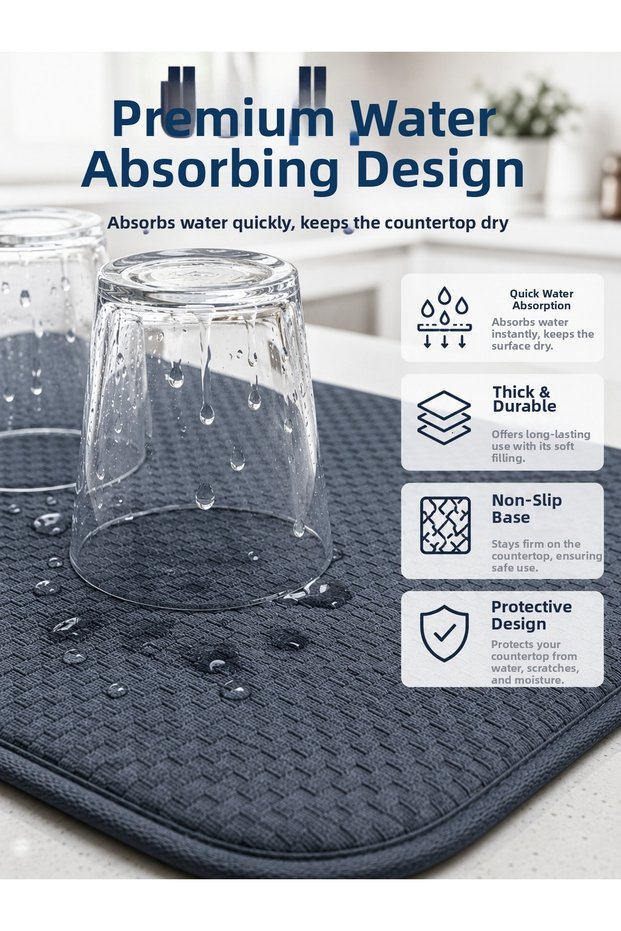 Foldable Dish Drying Mat, Quick-Drying, Water-Absorbent Kitchen Mat - Lisinya LSELDR06