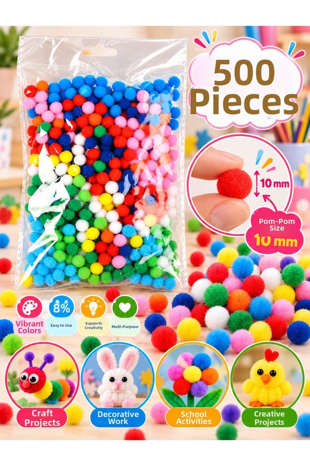 500 Pieces of 10 mm Colorful Mini Pom-Poms – for Crafts, School Projects, Decorations, Hobbies, and DIY Projects.