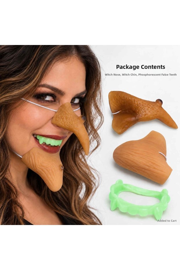 Spt-Gld Elastic Witch's Nose, Witch's Jaw, and Phosphorescent False Teeth Set – (214501) 3 Pieces.