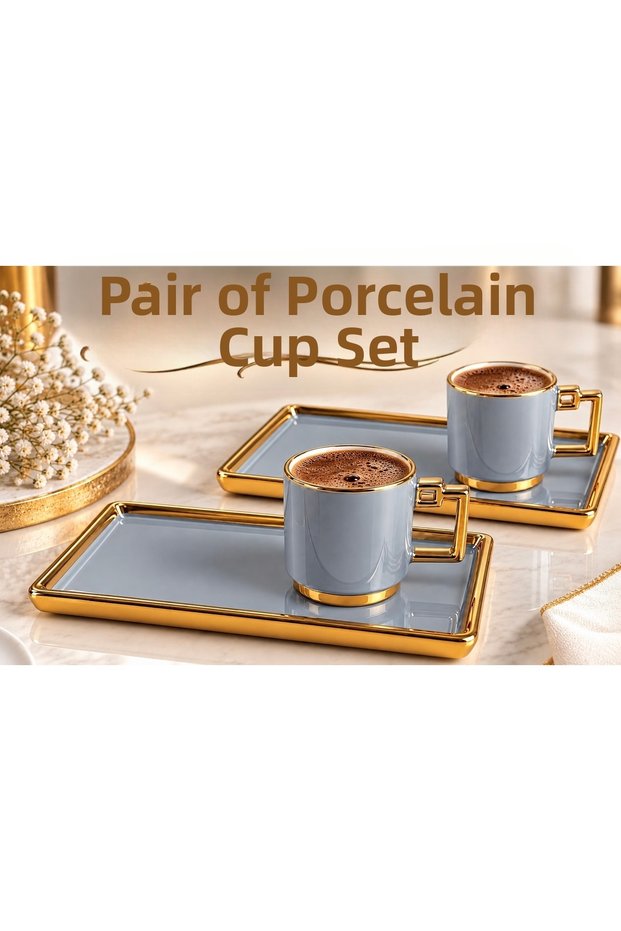 2-Person Porcelain Turkish Coffee Cup Set, 4 Pieces, with Gold-Plated Rectangular Saucer, Luxurious Coffee Presentation Set.
