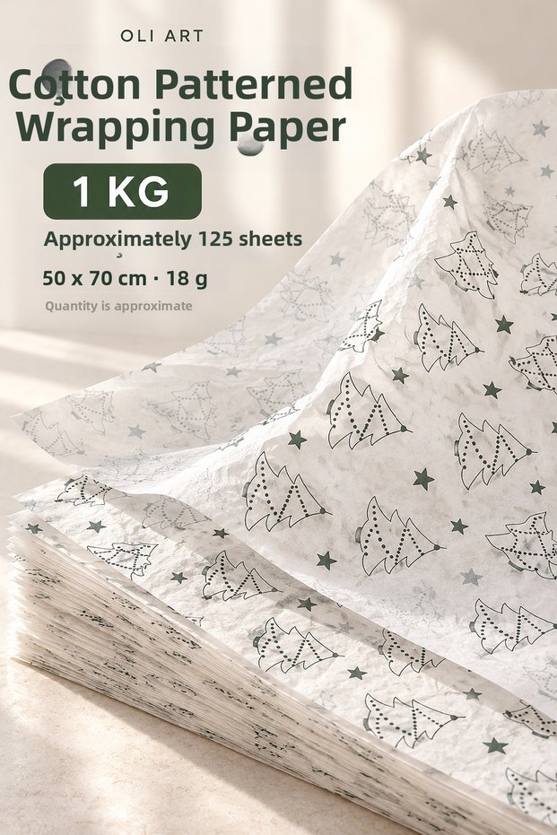 New Year's Tree Printed White Tissue Paper 50X70 cm 18 Gr 1 kg Approximately 125 Pieces