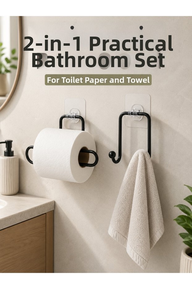 2-Piece Adhesive Bathroom Organizer Set with Toilet Paper Holder and Towel Rack