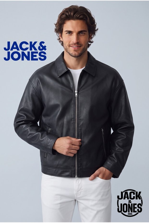 Men's Jj&J Waterproof Pu Leather Biker Jacket Black