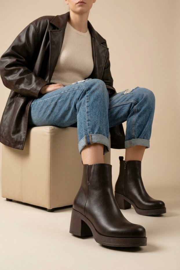 ZRİN-3057 Premium Brown Slip-On Zipper Boots with 6 cm Thick Heels for Women