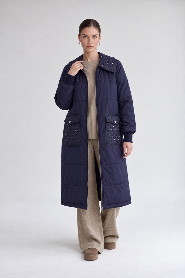 Navy Blue Quilted Jacket with Pocket Detail